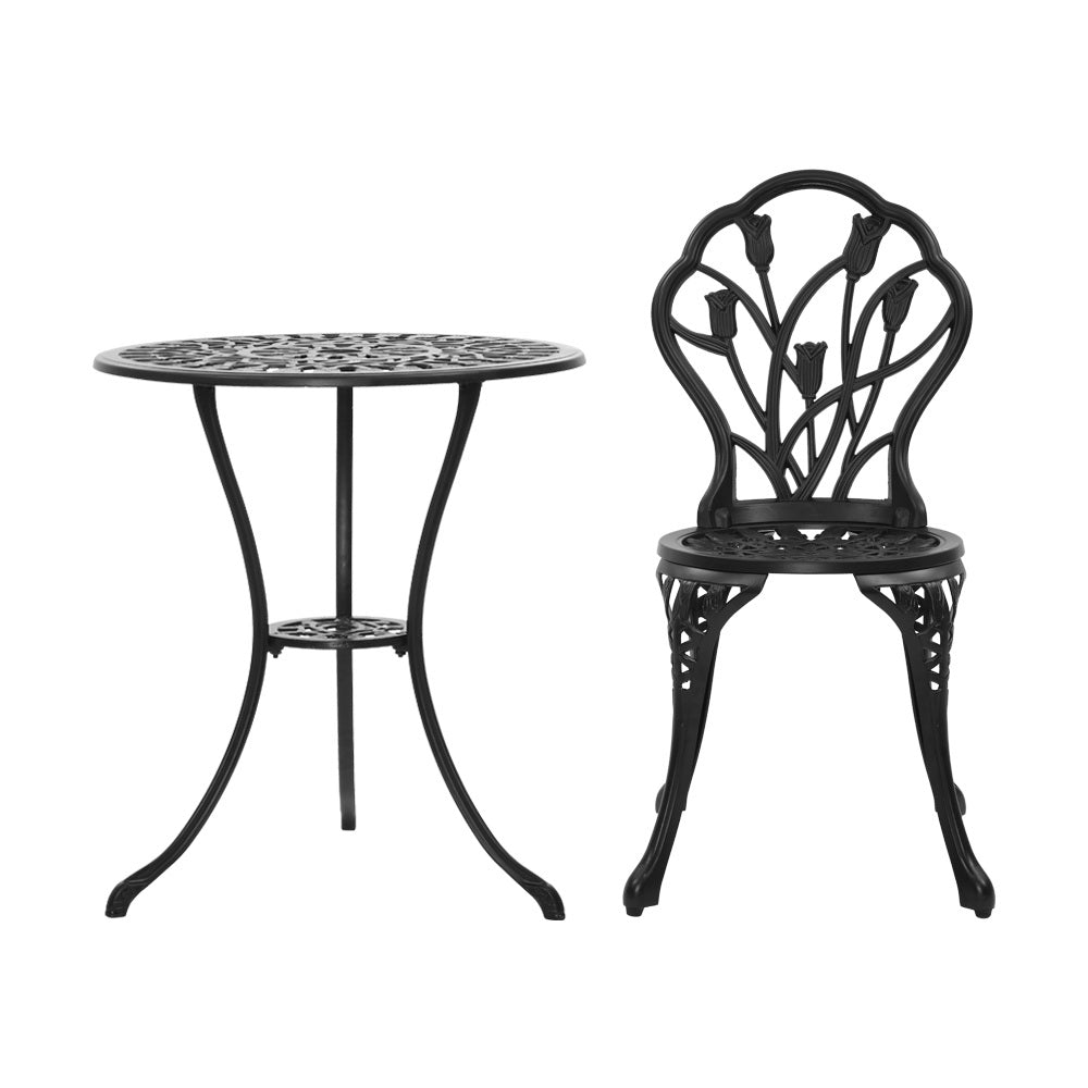 3PC Outdoor Setting Bistro Set Chairs Table Cast Aluminum Patio Furniture Tulip Black