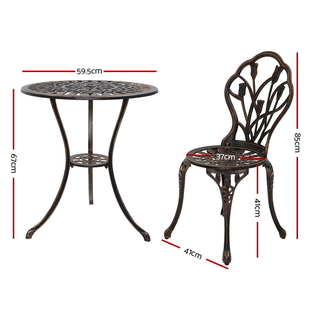 3PC Outdoor Setting Bistro Set Chairs Table Cast Aluminum Patio Furniture Tulip Bronze