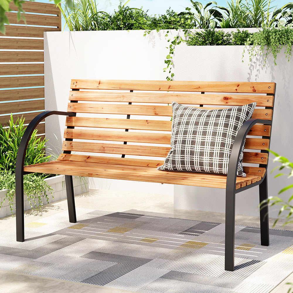 Outdoor Garden Bench Seat 120cm Wooden Steel 2 Seater Patio Furniture Natural