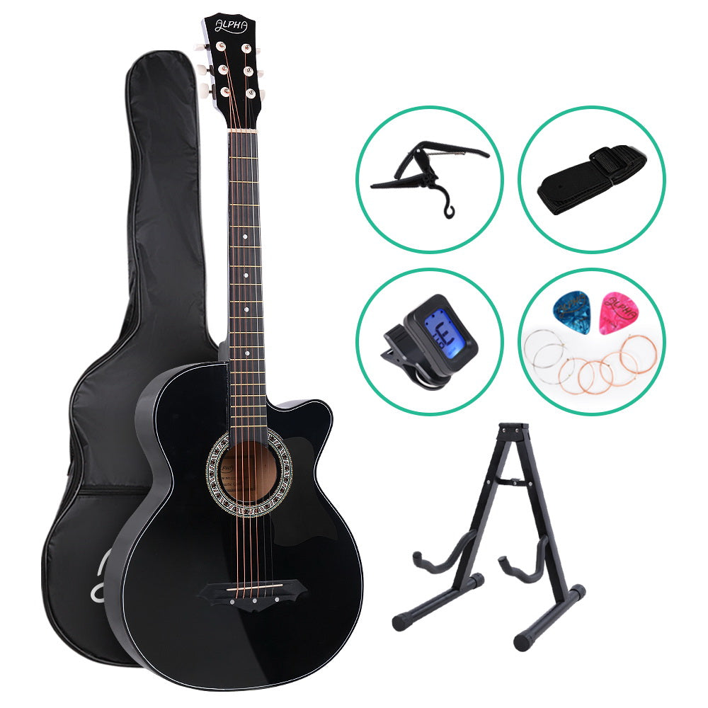 38 Inch Acoustic Guitar Wooden Body Steel String Full Size w/ Stand Black