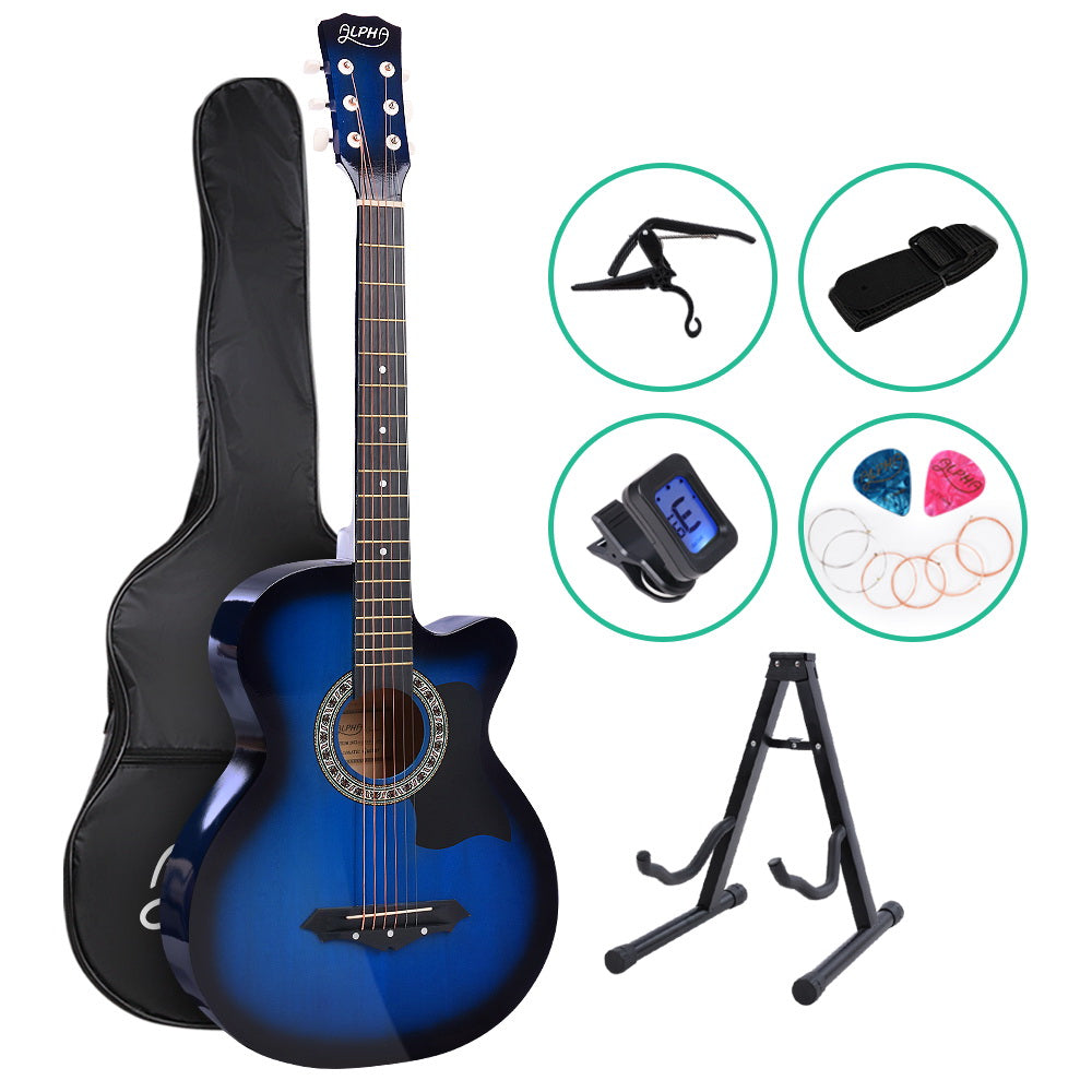 38 Inch Acoustic Guitar Wooden Body Steel String Full Size w/ Stand Blue