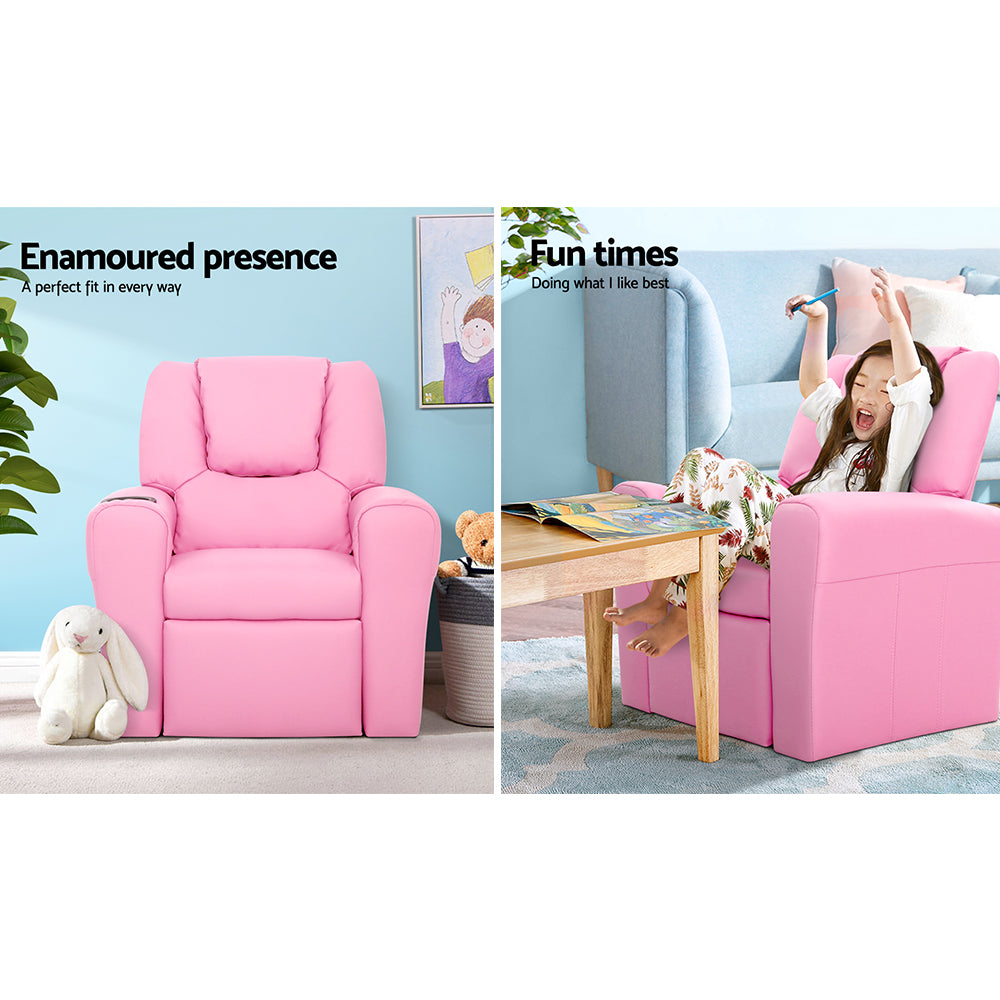 Kids Recliner Chair PU Leather Sofa Lounge Couch Children Armchair Pink