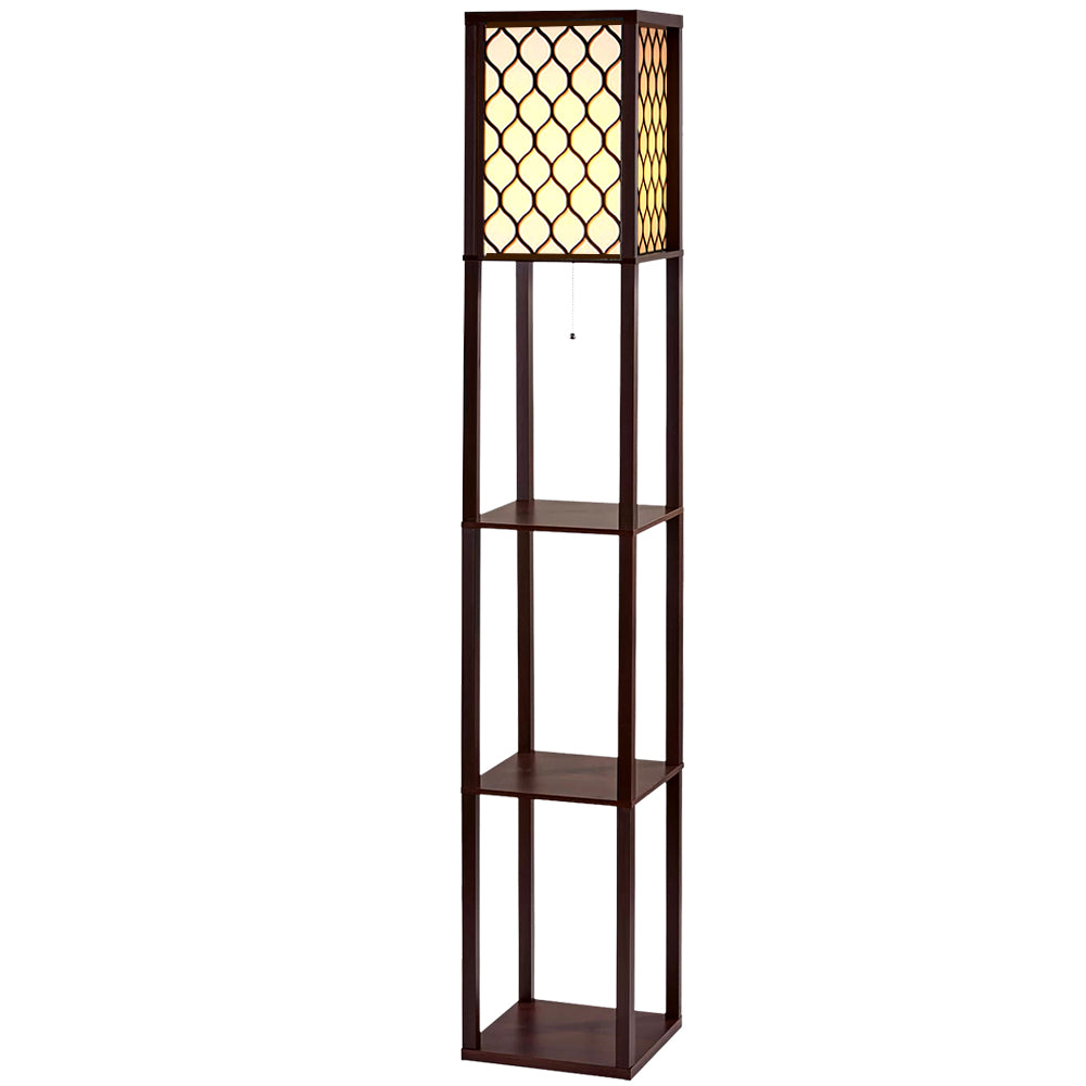 Floor Lamp 3 Tier Shelf Storage LED Light Stand Home Room Pattern Brown