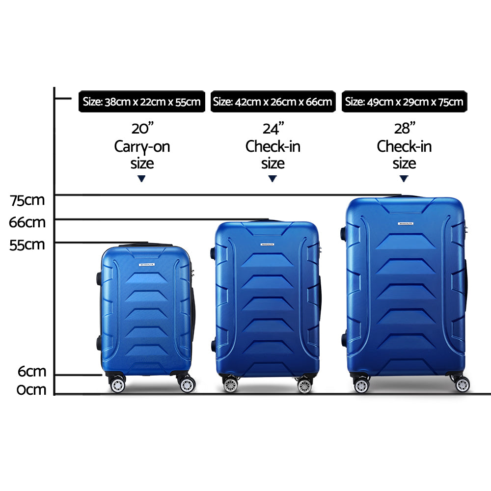 3pc Luggage Trolley Travel Suitcase Set TSA Hard Shell Case Strap Blue