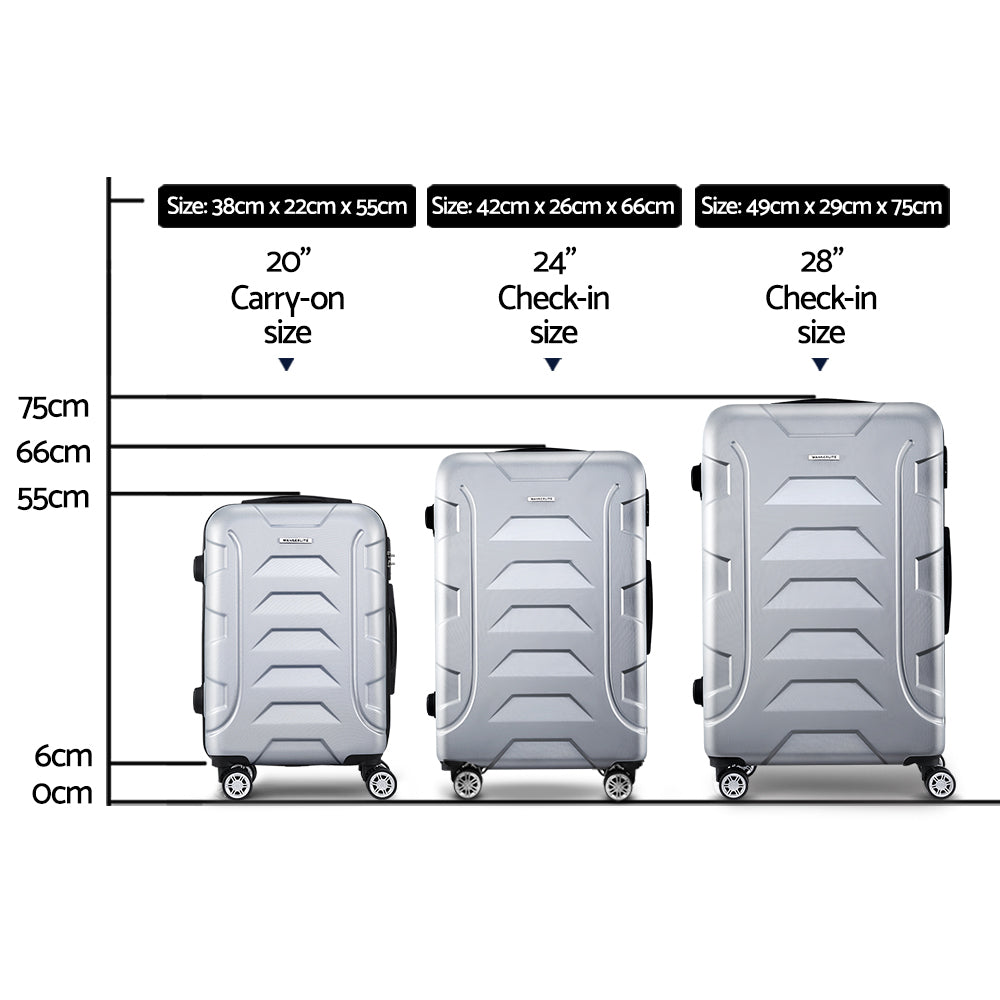 3pc Luggage Trolley Travel Suitcase Set TSA Hard Case Shell Strap Silver