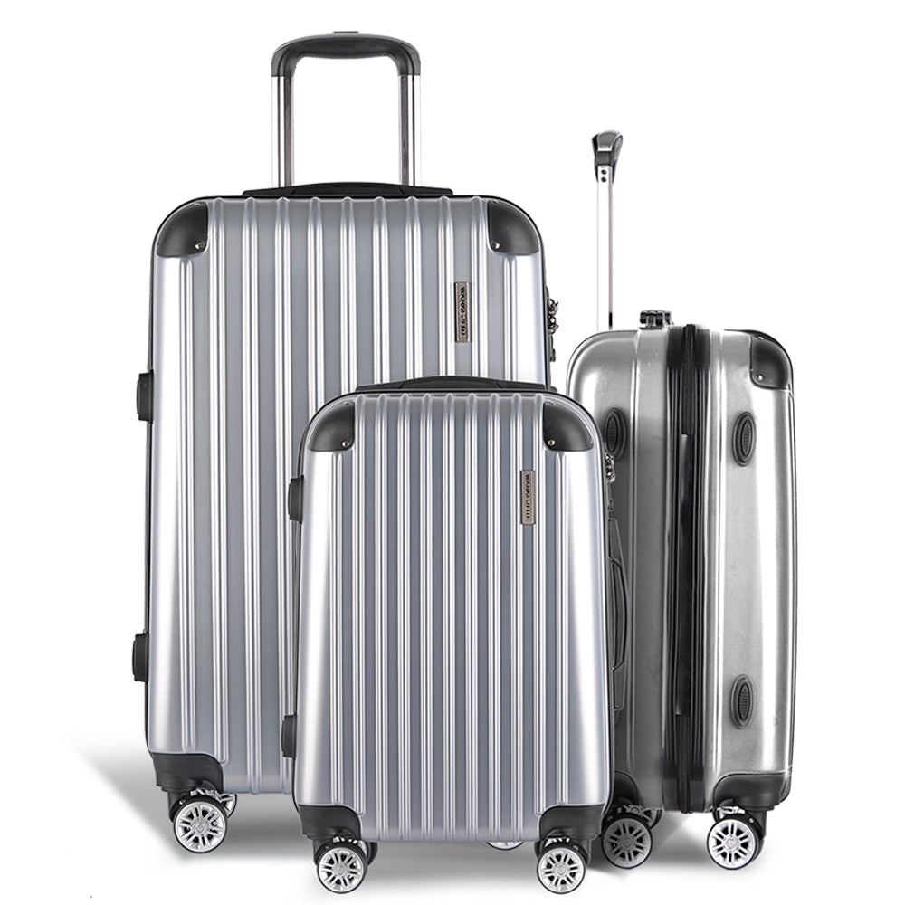 3pc Luggage Trolley Travel Set Suitcase Carry On TSA Lock Hard Case Lightweight Silver
