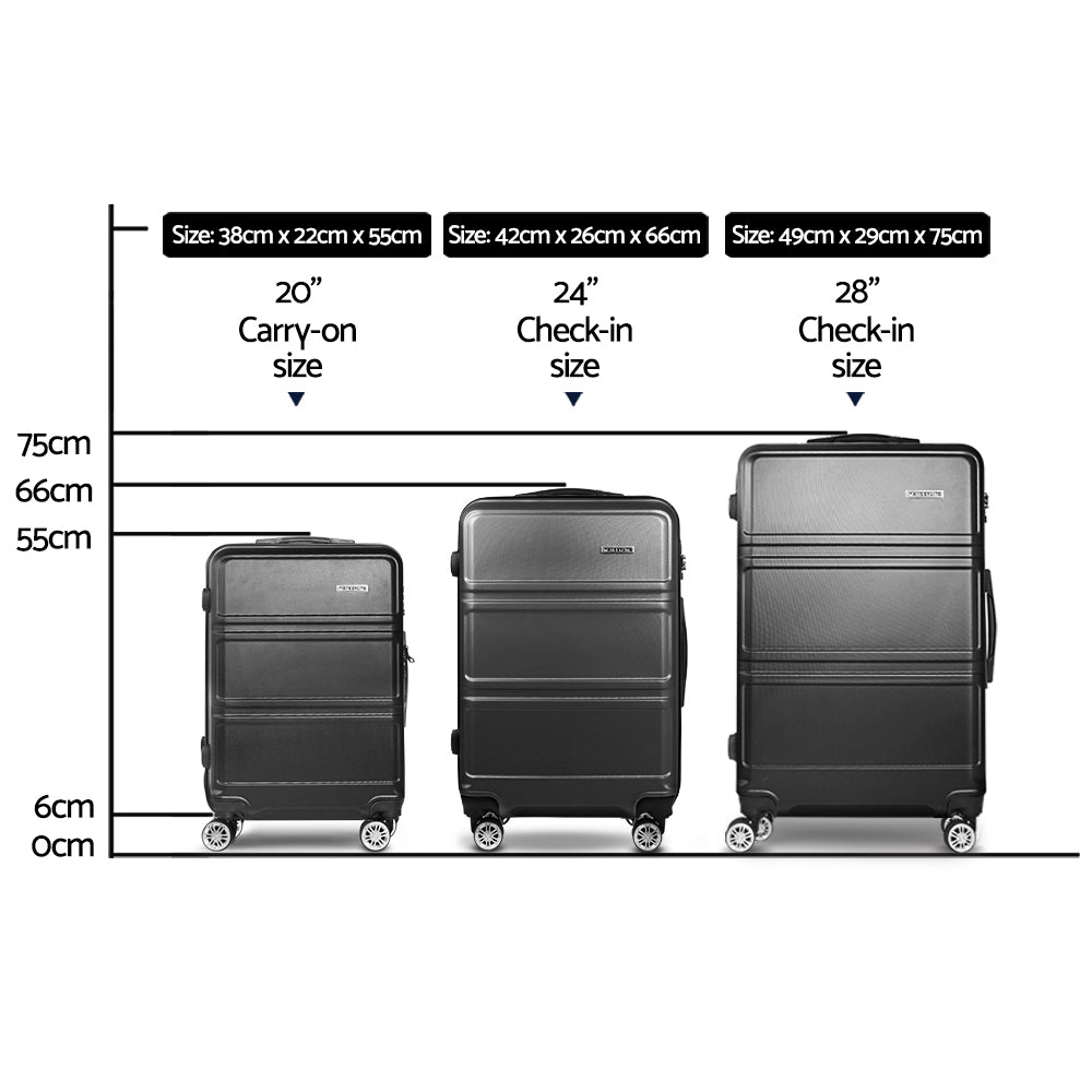 3pc Luggage Trolley Set Suitcase Travel TSA Carry On Hard Case Lightweight Black