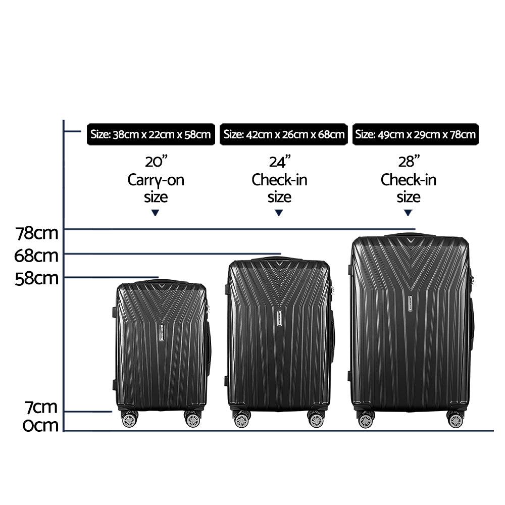 3pc Luggage Trolley Set Suitcase Travel TSA Hard Case Carry On Black Lightweight