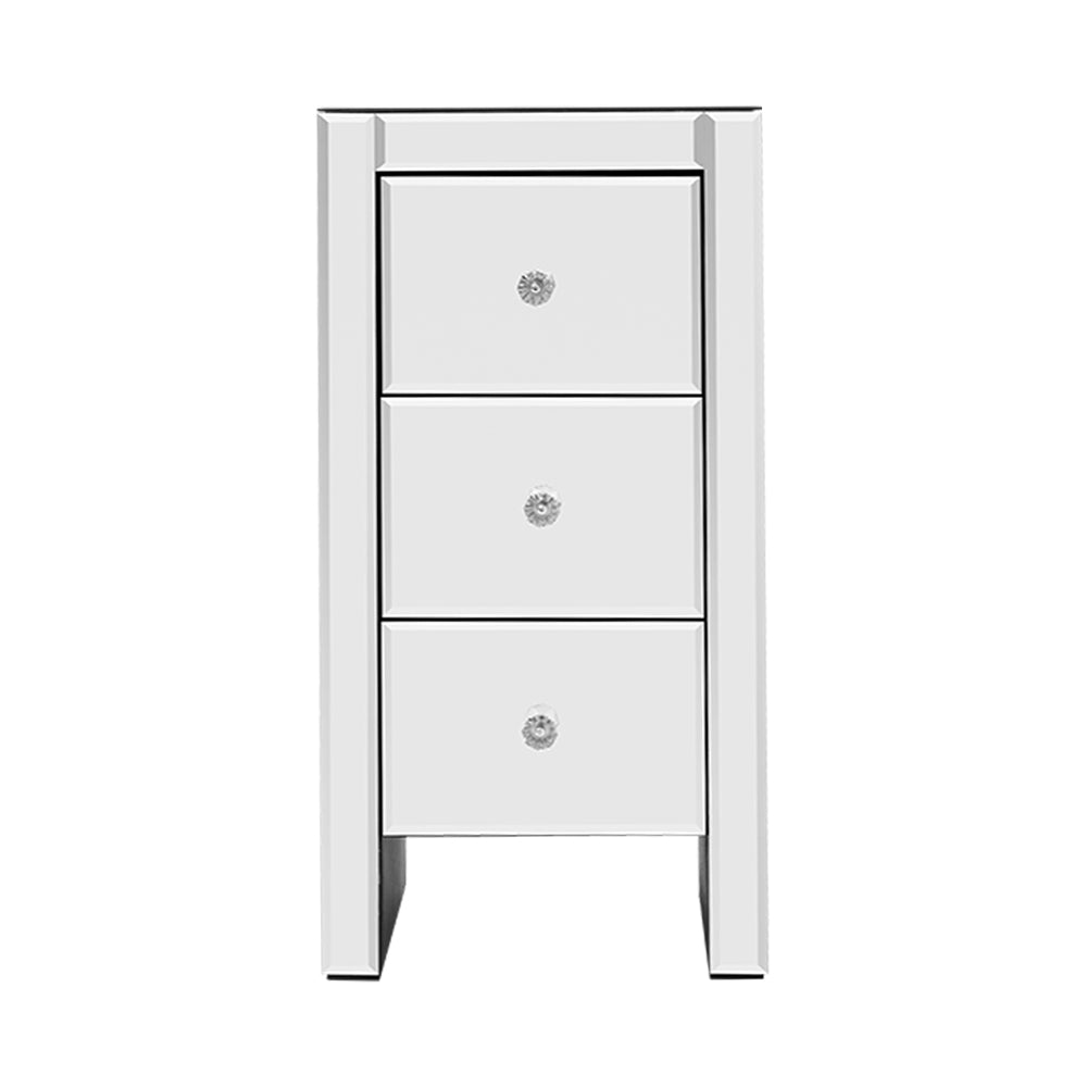 Bedside Table 3 Drawers Mirrored - QUENN Silver