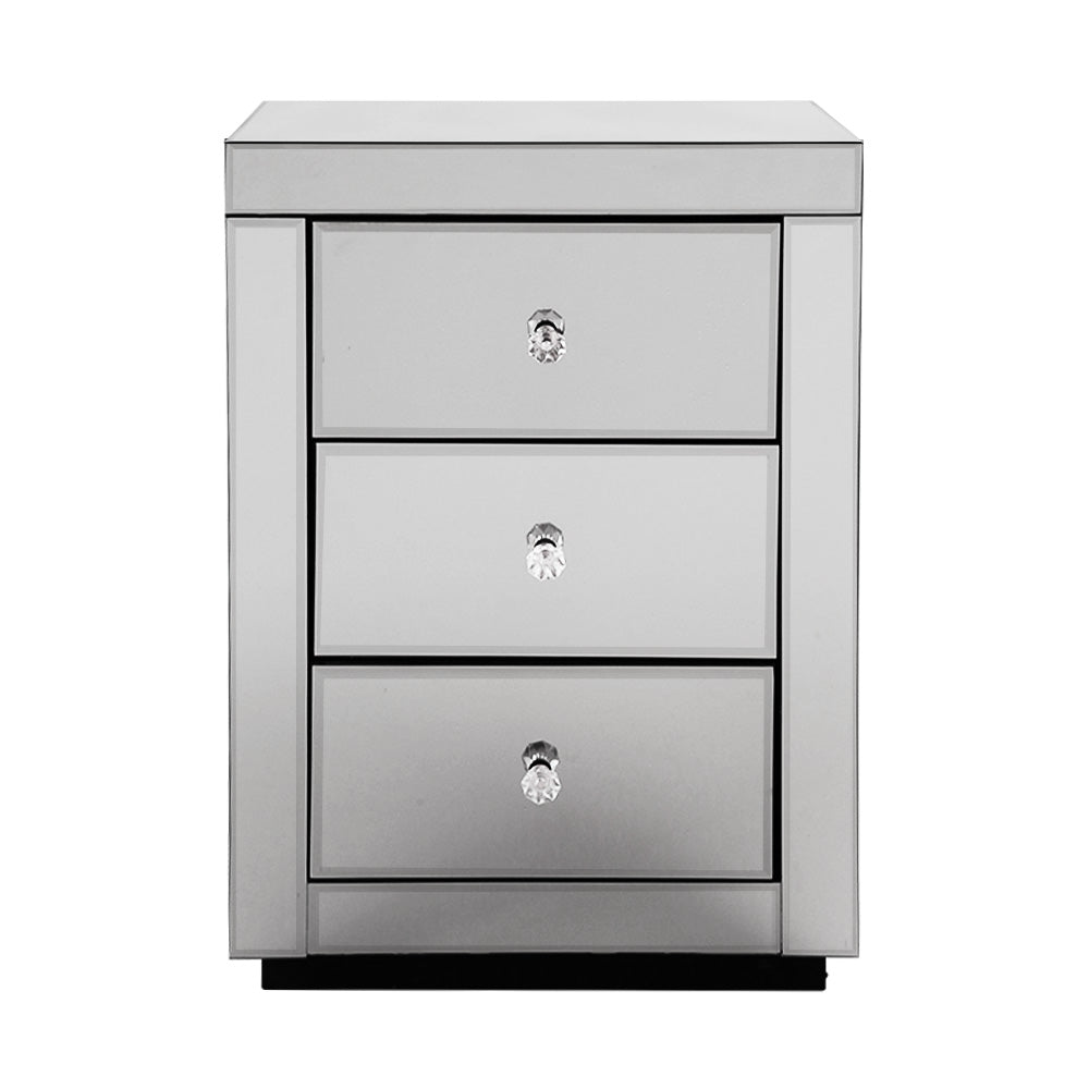 Bedside Table 3 Drawers Mirrored - PRESIA Grey