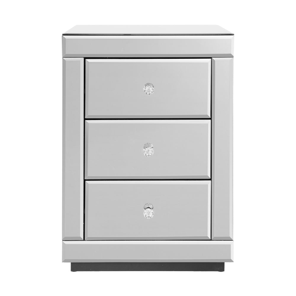 Bedside Table 3 Drawers Mirrored - PRESIA Silver