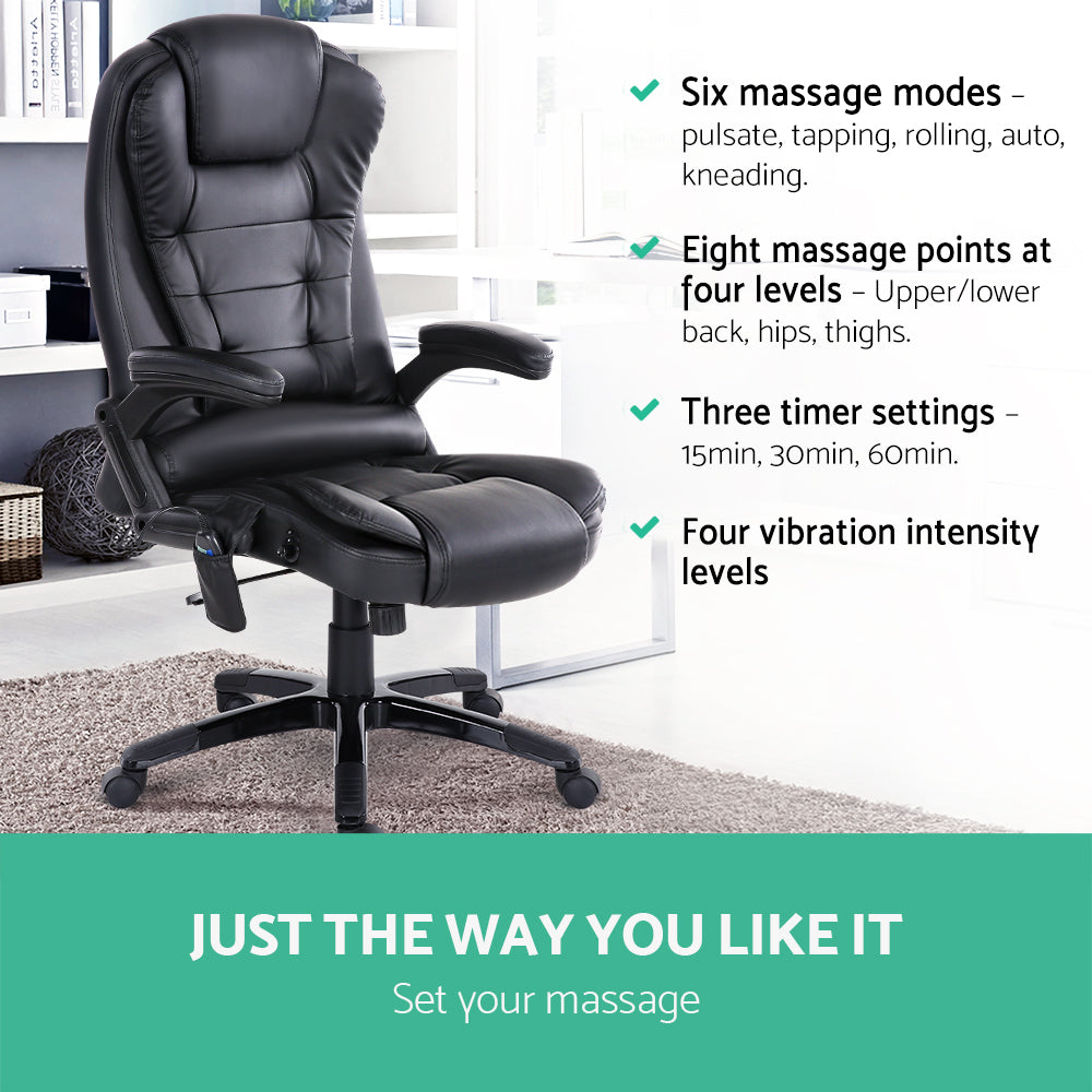 8 Point Massage Office Chair Heated Seat Recliner PU Black