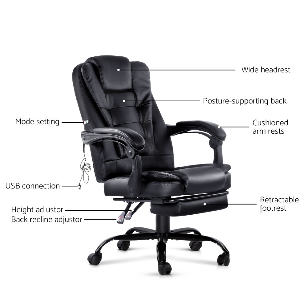 2 Point Massage Office Chair PU Leather Footrest Black