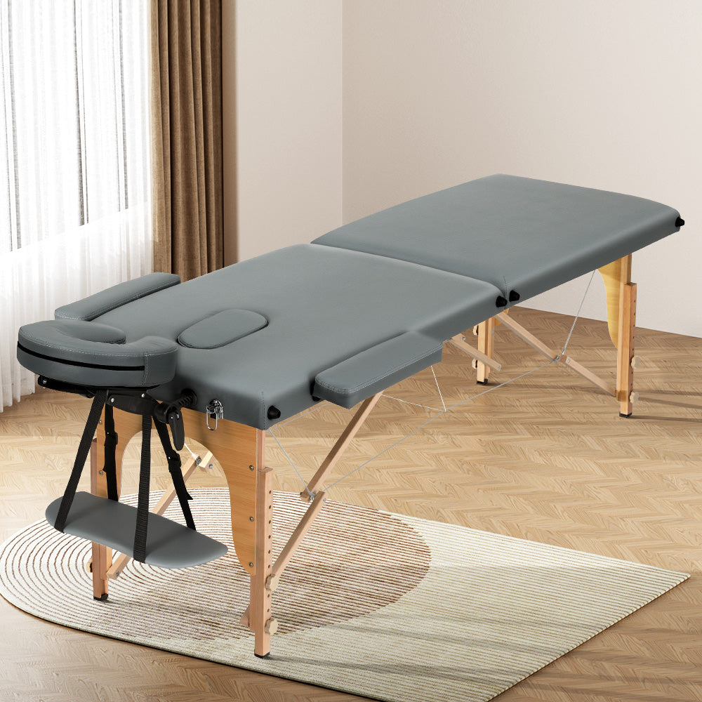 Massage Table 56CM Width 2Fold Portable Wooden Therapy Beauty Bed Grey