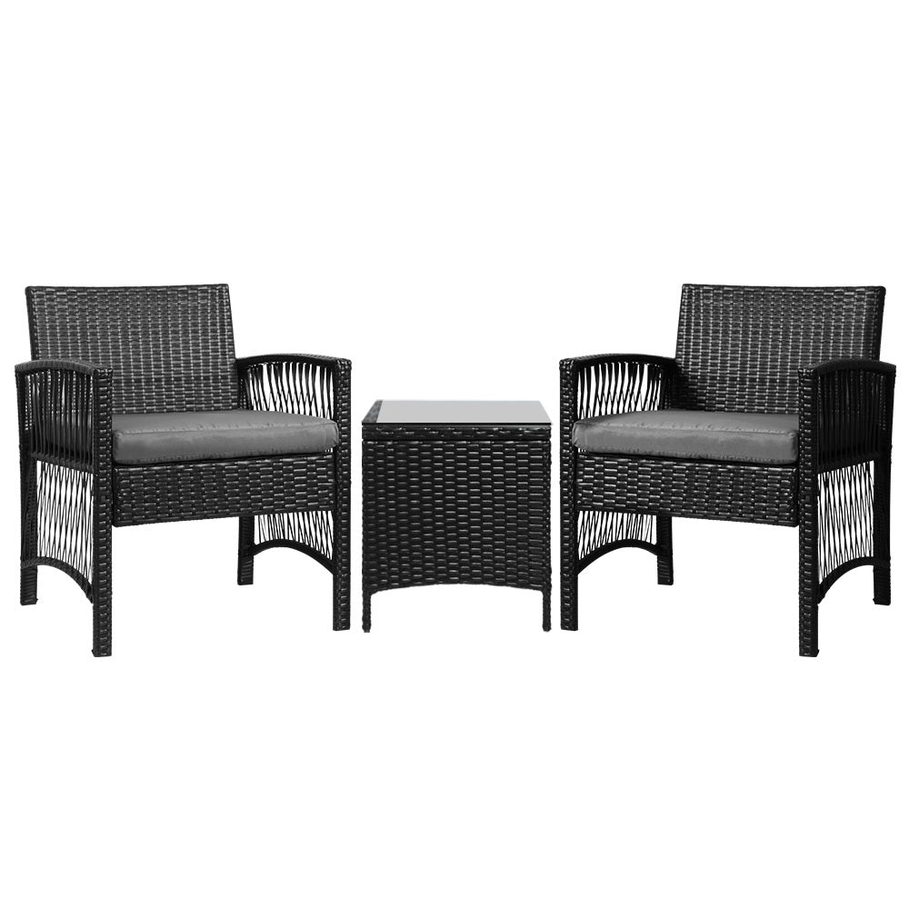 3PC Outdoor Bistro Set Patio Furniture Wicker Dining Chairs Table Cushion Black