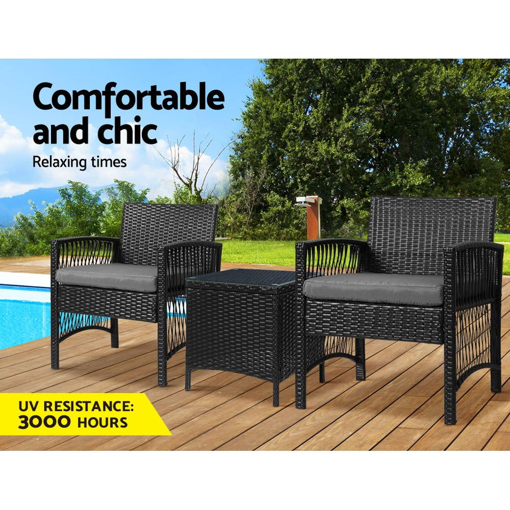 3PC Outdoor Bistro Set Patio Furniture Wicker Dining Chairs Table Cushion Black