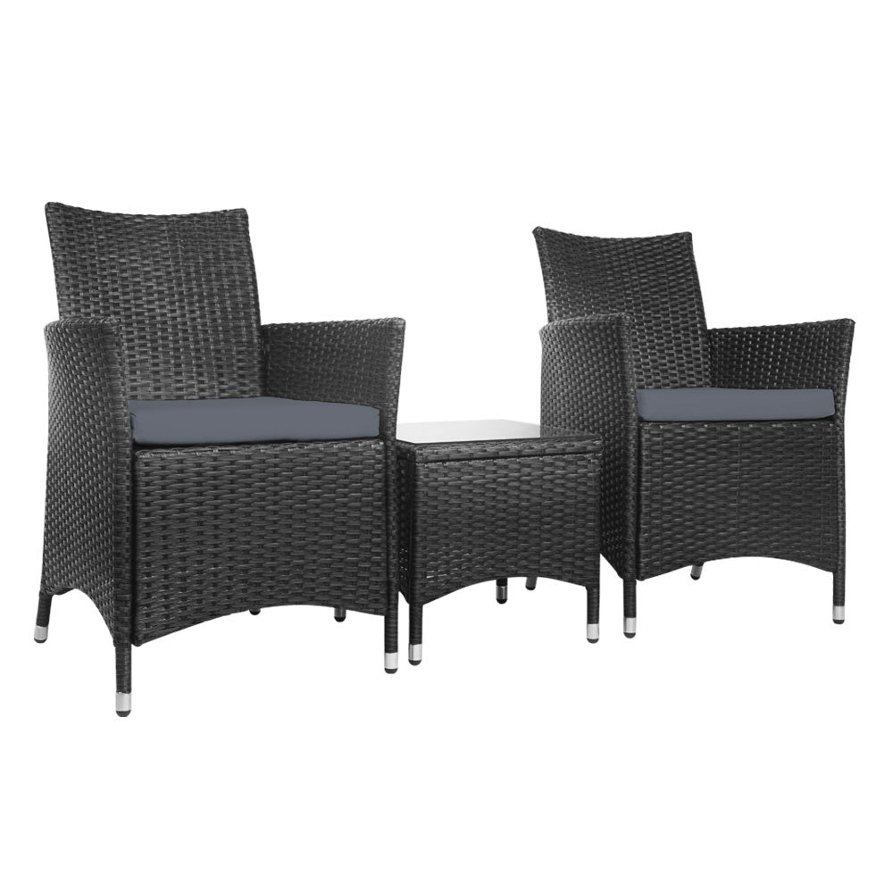 3PC Outdoor Bistro Set Patio Furniture Wicker Setting Chairs Table Cushion Black
