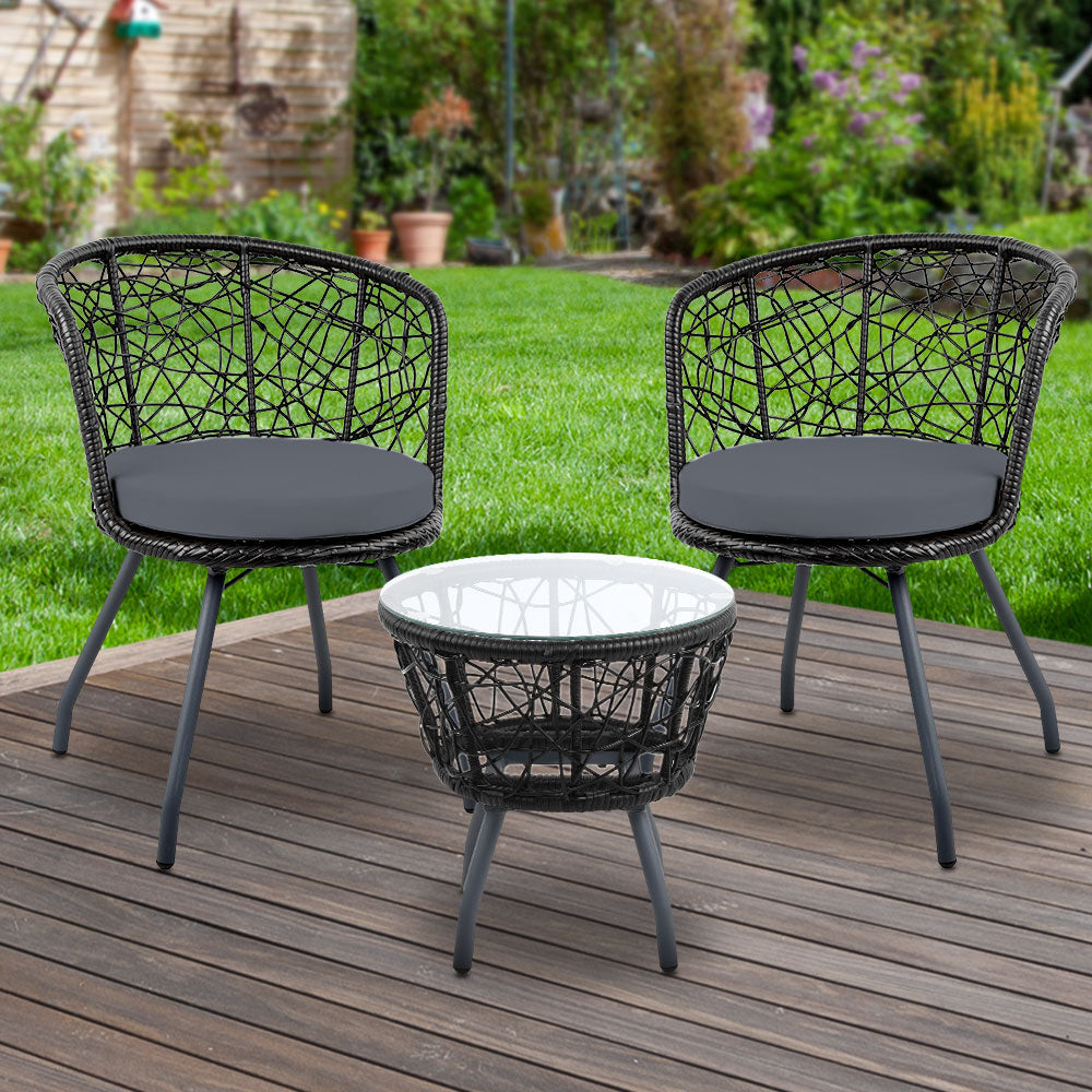 3PC Bistro Set Outdoor Furniture Rattan Table Chairs Patio Garden Cushion Black
