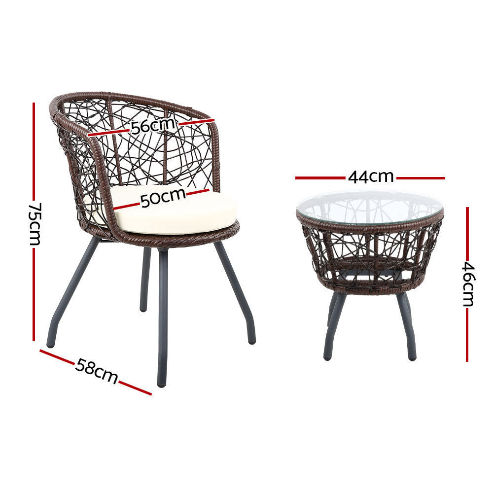 3PC Bistro Set Outdoor Furniture Rattan Table Chairs Patio Garden Cushion Brown