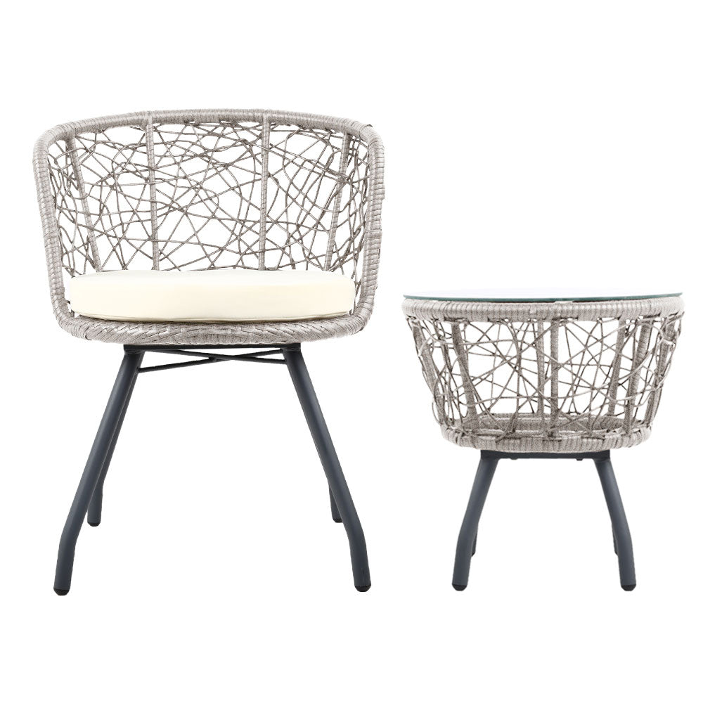 3PC Bistro Set Outdoor Furniture Rattan Table Chairs Patio Garden Cushion Grey