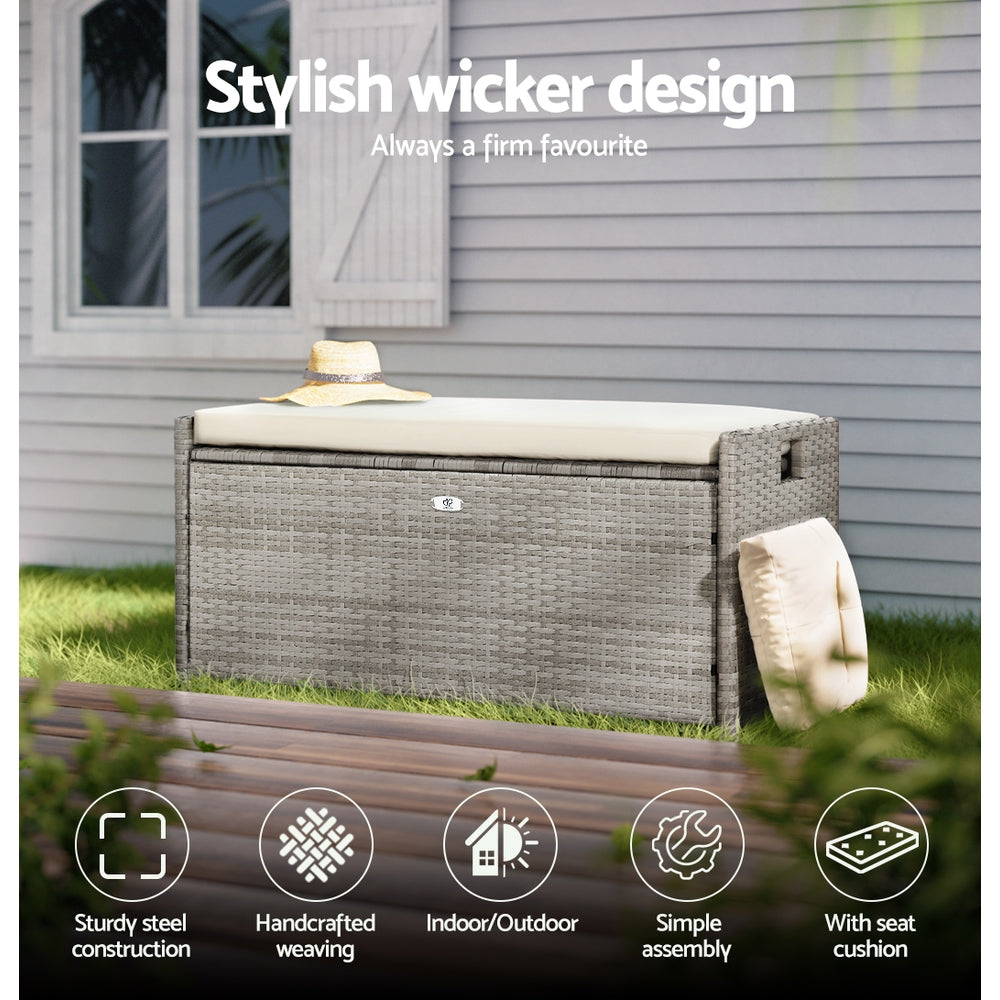 Outdoor Storage Bench Box Wicker Garden Sheds Tools Cushion Patio Furniture Grey