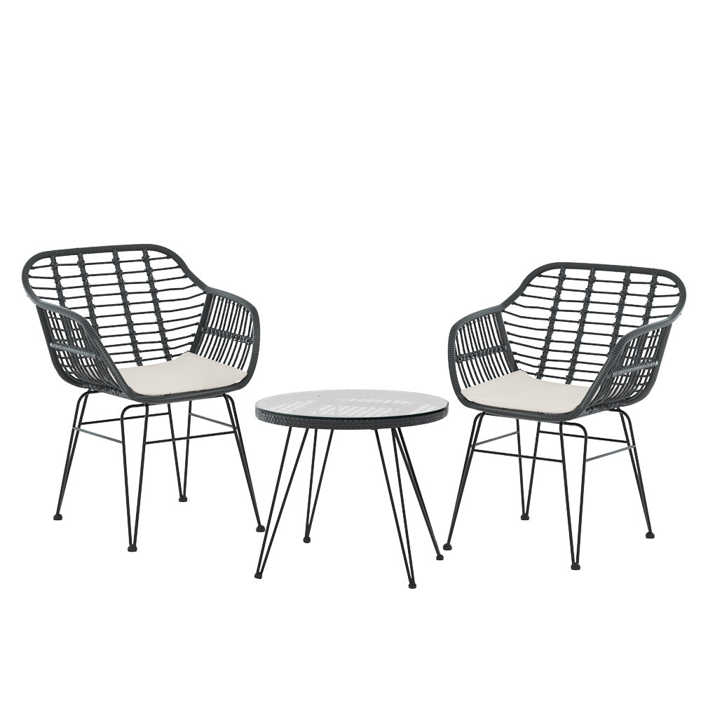 3PC Outdoor Furniture Bistro Set Lounge Setting Table Chairs Cushion Patio Grey