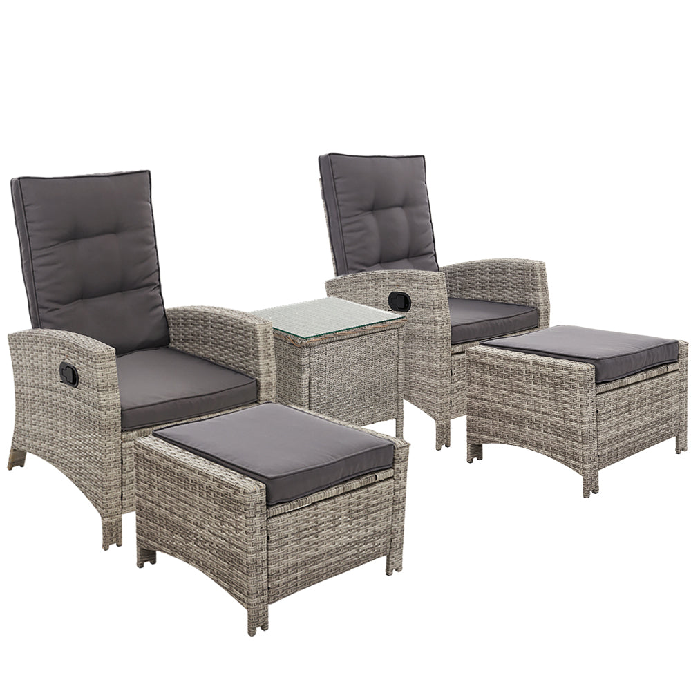 5PC Recliner Chairs Table Sun lounge Wicker Outdoor Furniture Adjustable Grey