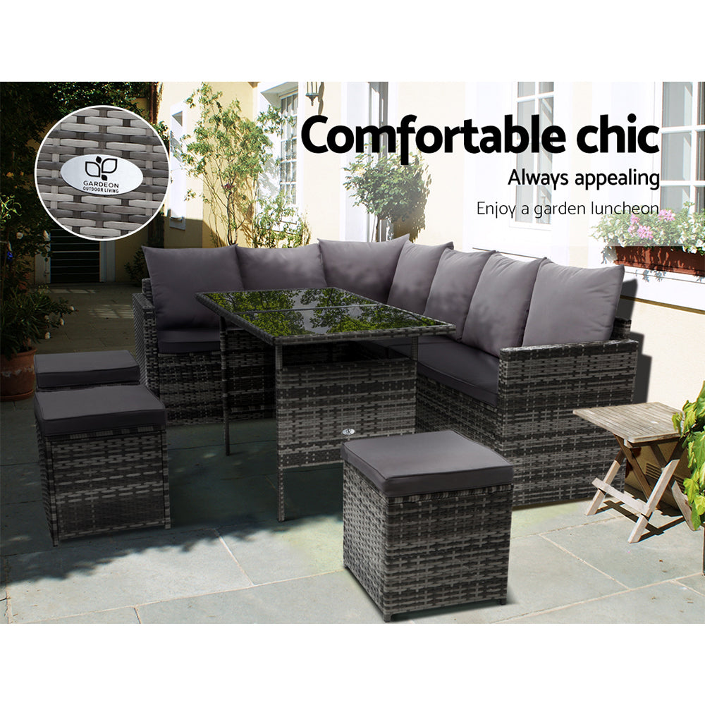 Outdoor Dining Set Sofa Lounge Setting Chairs Table Ottoman Grey Cover