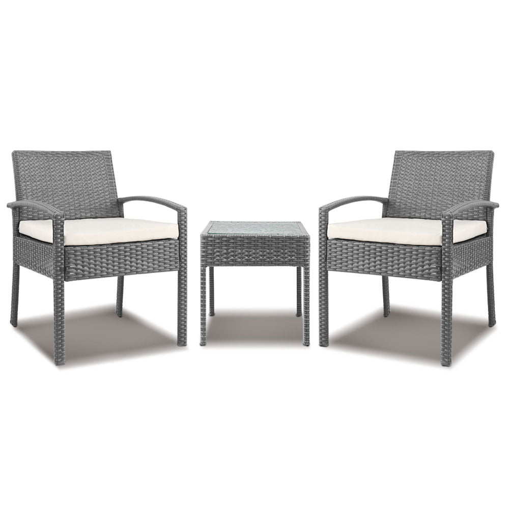 3PC Patio Furniture Bistro Set Wicker Outdoor Lounge Setting Grey