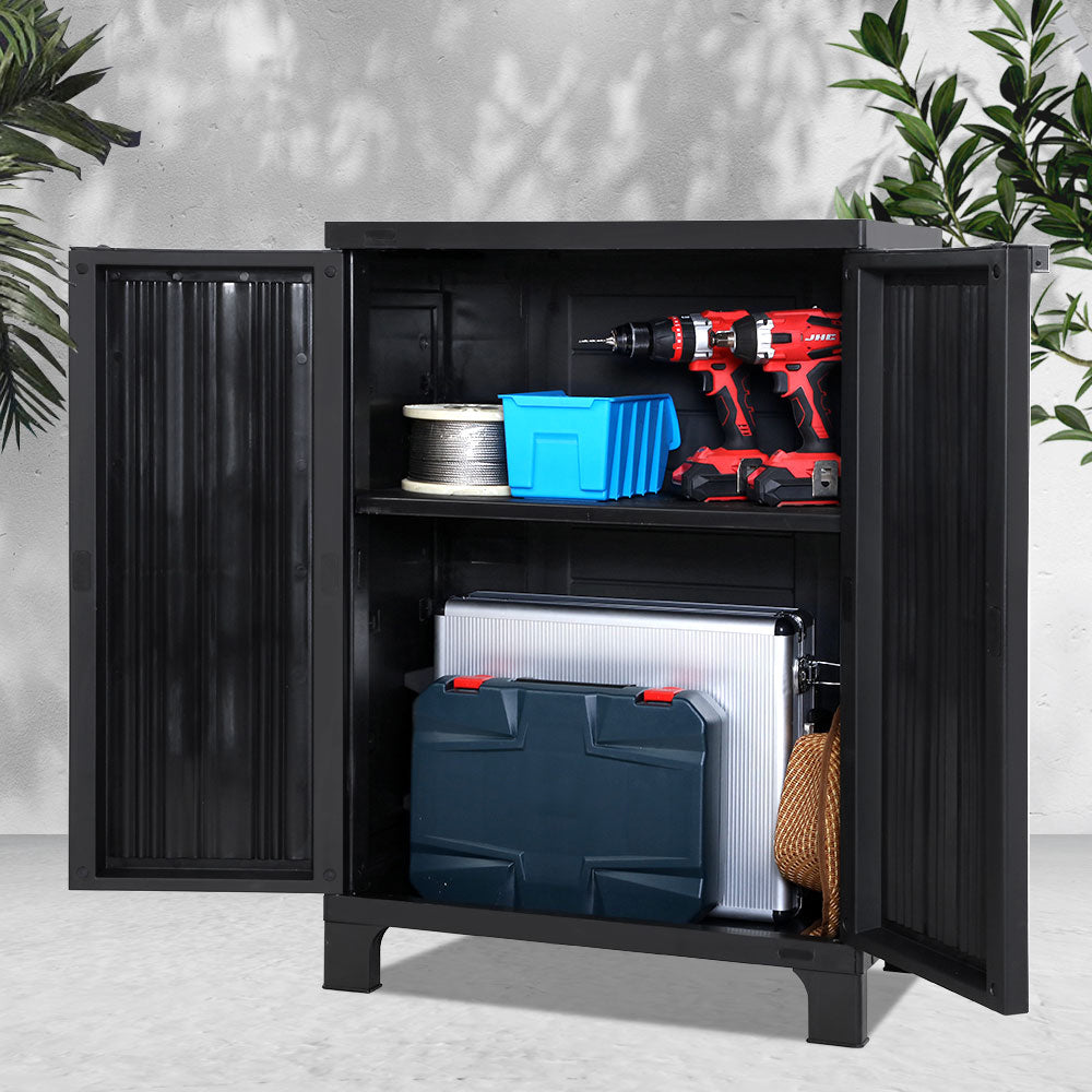 92cm Outdoor Storage Cabinet Box Lockable Cupboard Sheds Garage Adjustable Black