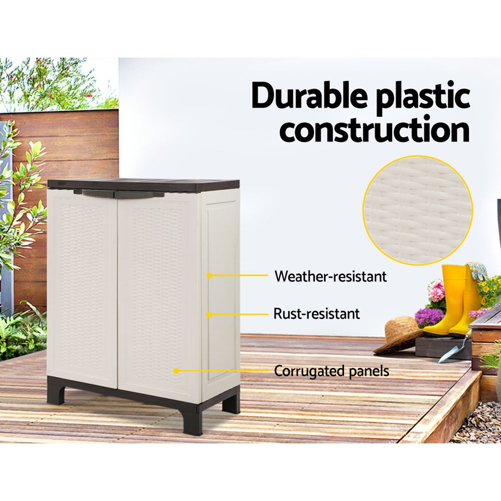 92cm Outdoor Storage Cabinet Box Lockable Cupboard Sheds Adjustable Rattan Beige