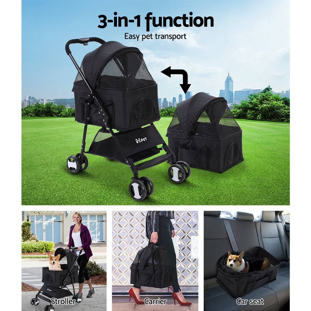 Pet Stroller Dog Pram Cat Carrier Travel Large Pushchair Foldable 4 Wheels Black