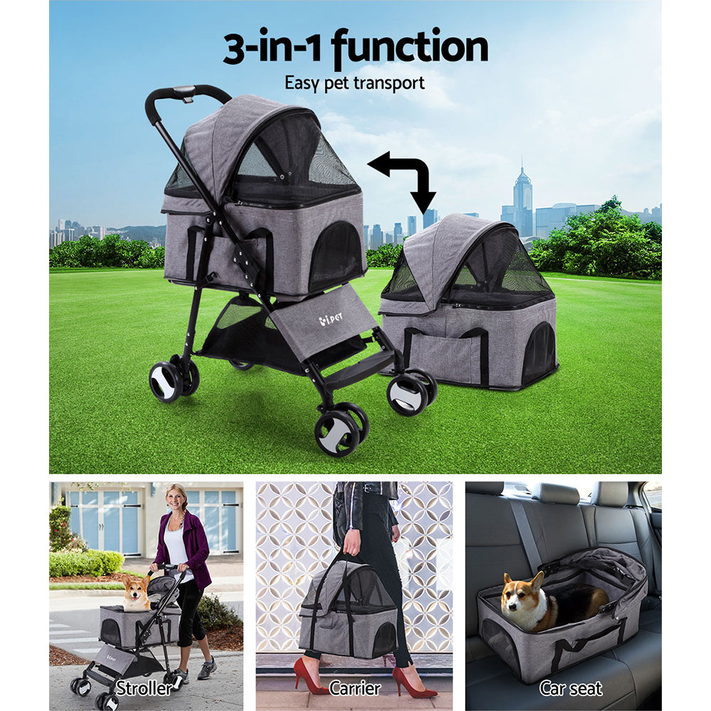 Pet Stroller Dog Pram Cat Carrier Travel Large Pushchair Foldable 4 Wheels Grey
