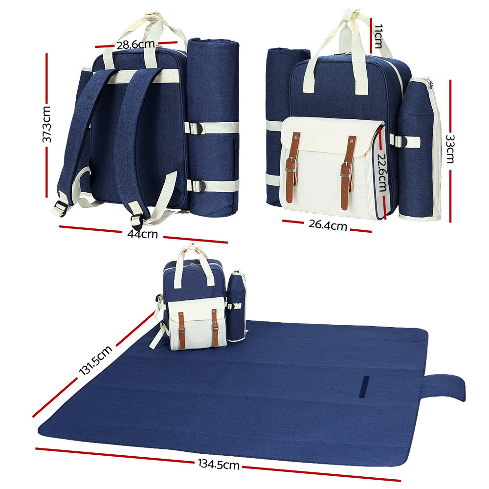 4 Person Picnic Basket Set Backpack Bag Insulated Blue