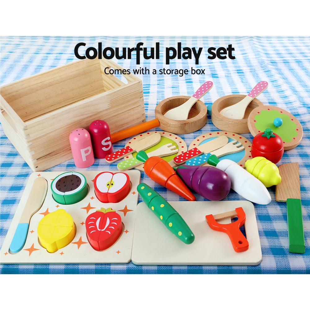 Kids Kitchen Play Set Wooden Pretend Toys Cooking Utensils Pots Pans Food