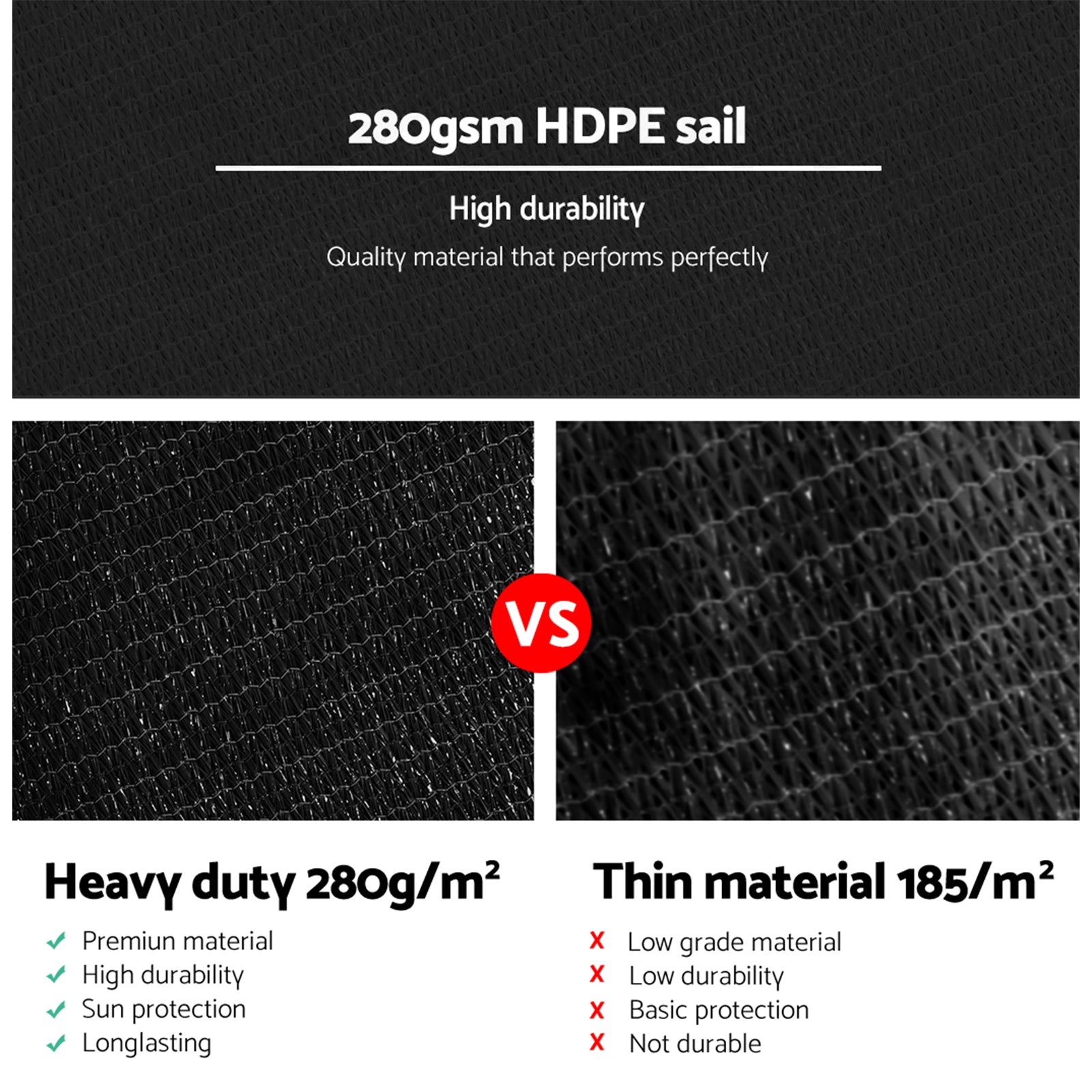 Shade Sail 4x6m Rectangle 280GSM 98% Black Shade Cloth