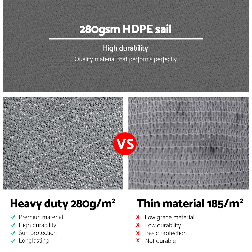 Shade Sail 6x6m Rectangle 280GSM 98% Grey Shade Cloth