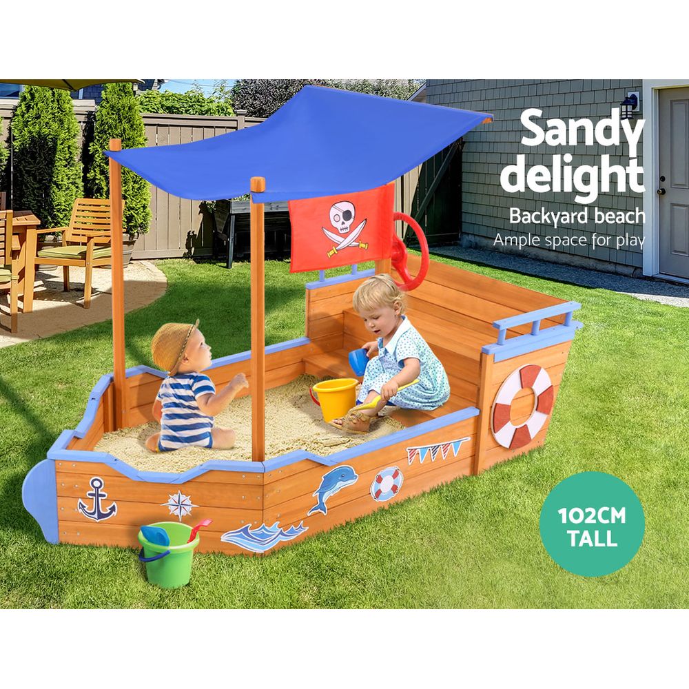 Kids Sandpit Wooden Boat Sand Pit with Canopy Bench Seat Beach Toys 165cm