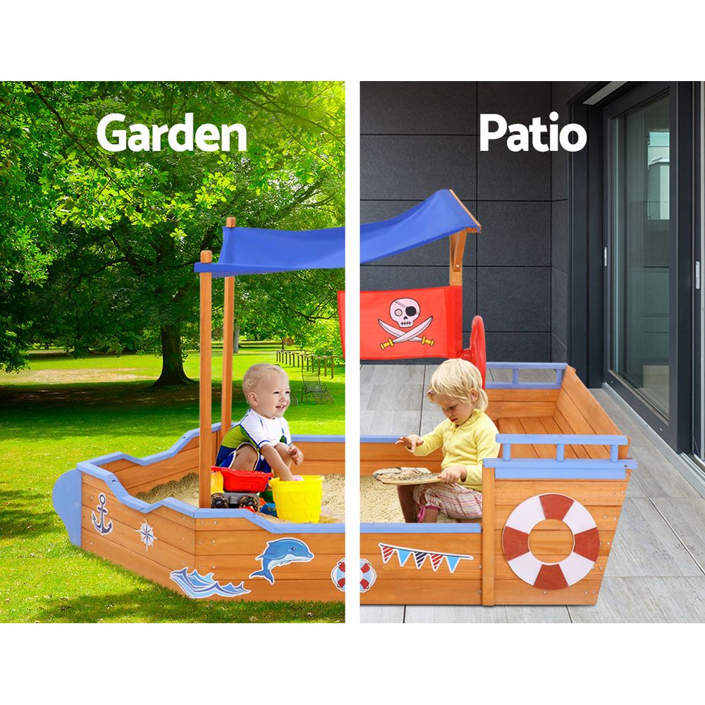 Kids Sandpit Wooden Boat Sand Pit with Canopy Bench Seat Beach Toys 165cm