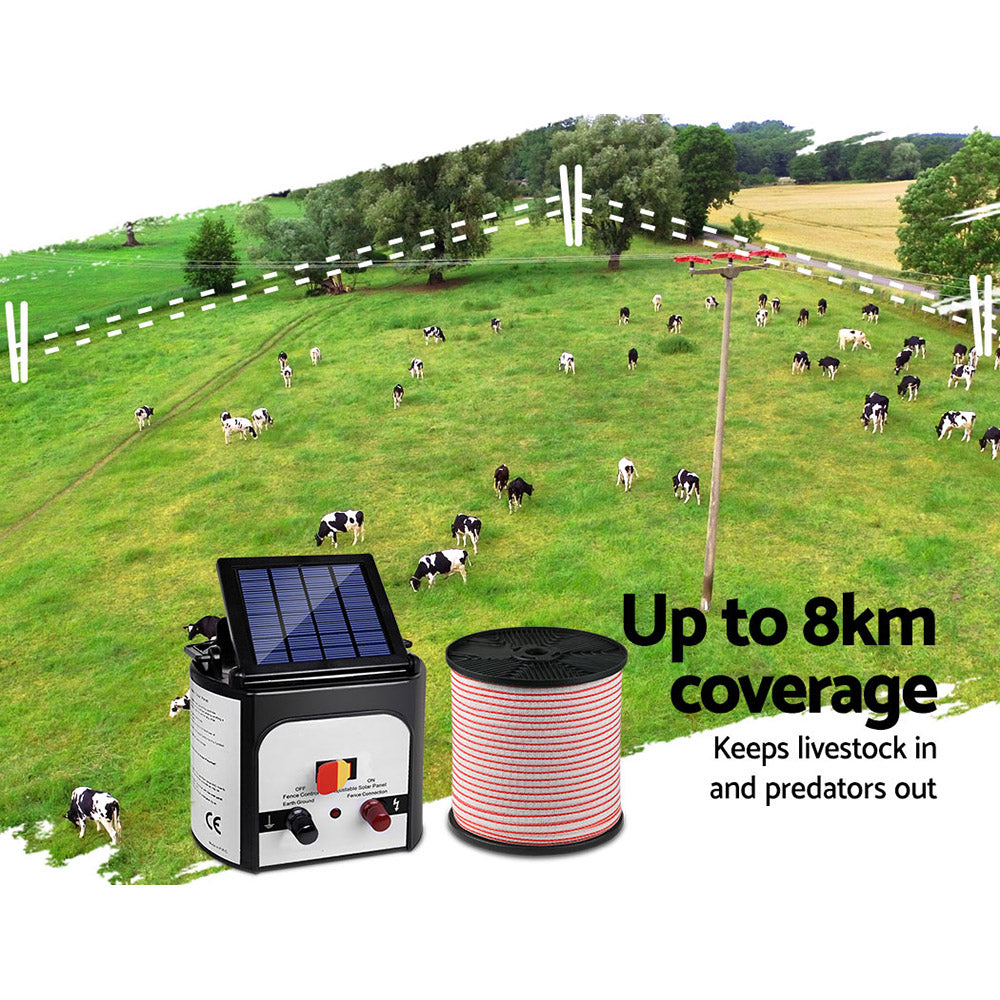 Fence Energiser 8KM Solar Powered Electric 400M Poly Tape Insulator