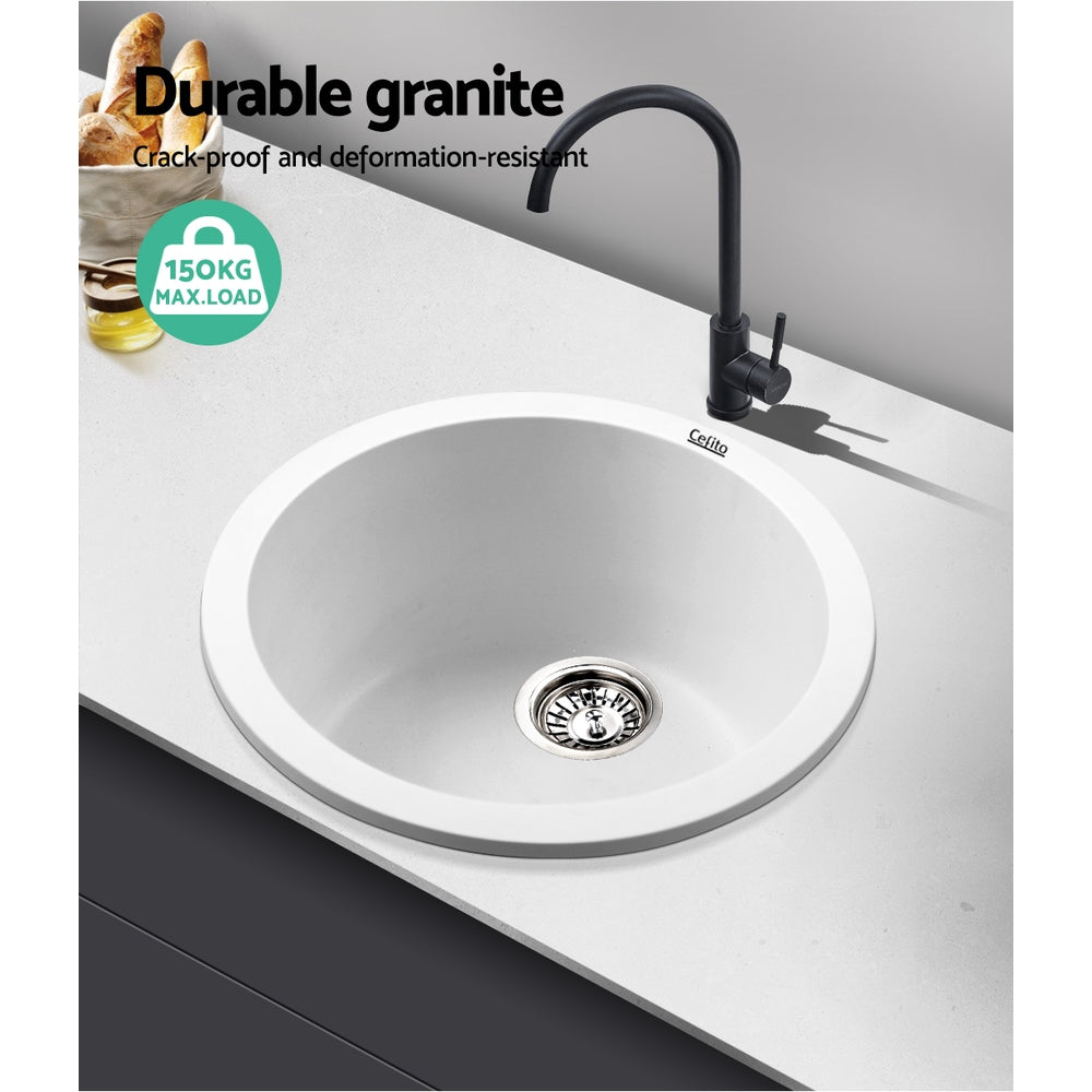 Stone Kitchen Sink Round 430MM Granite Under/Topmount Basin Bowl Laundry White