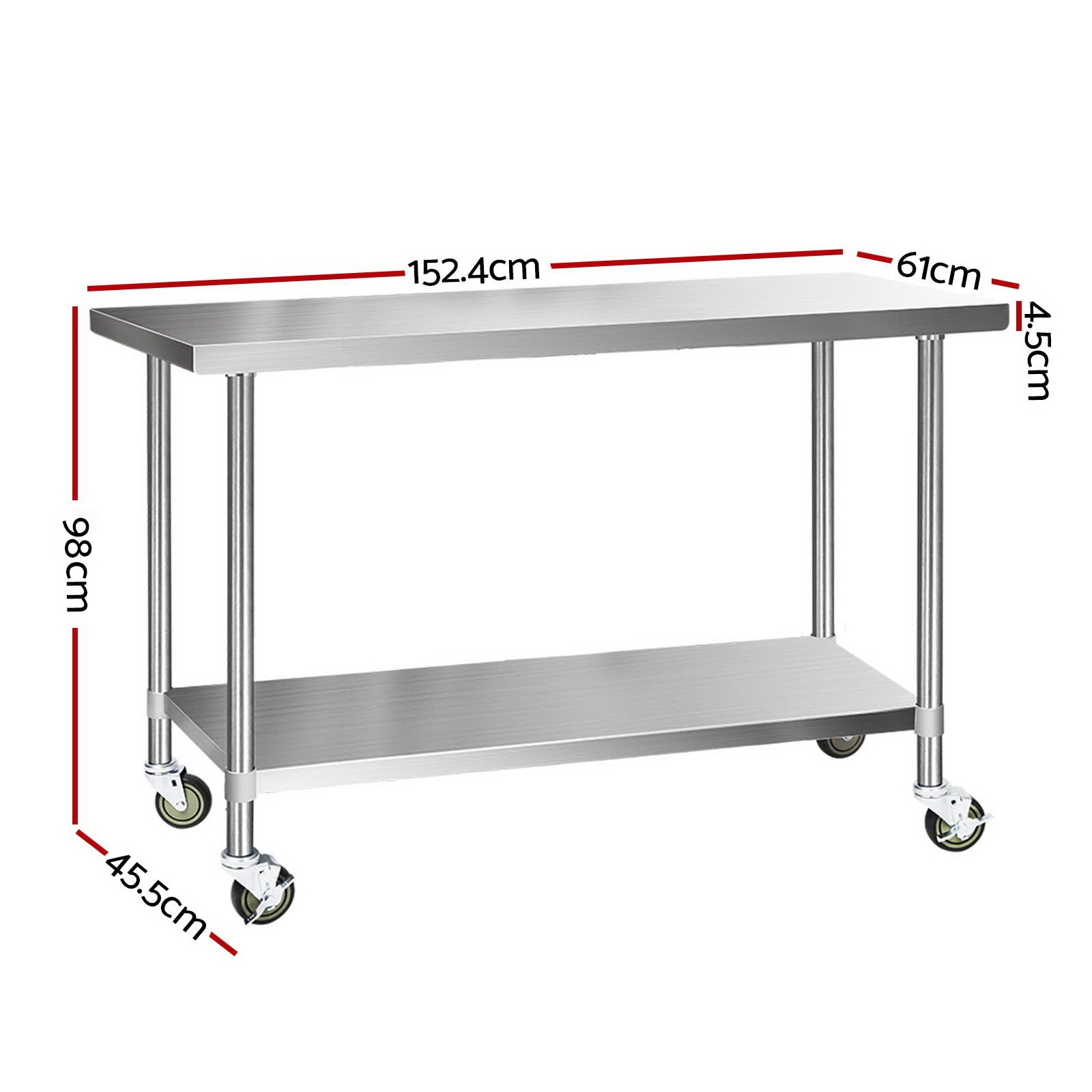 430 Stainless Steel Kitchen Benches Work Bench Food Prep Table with Wheels 1524MM x 610MM