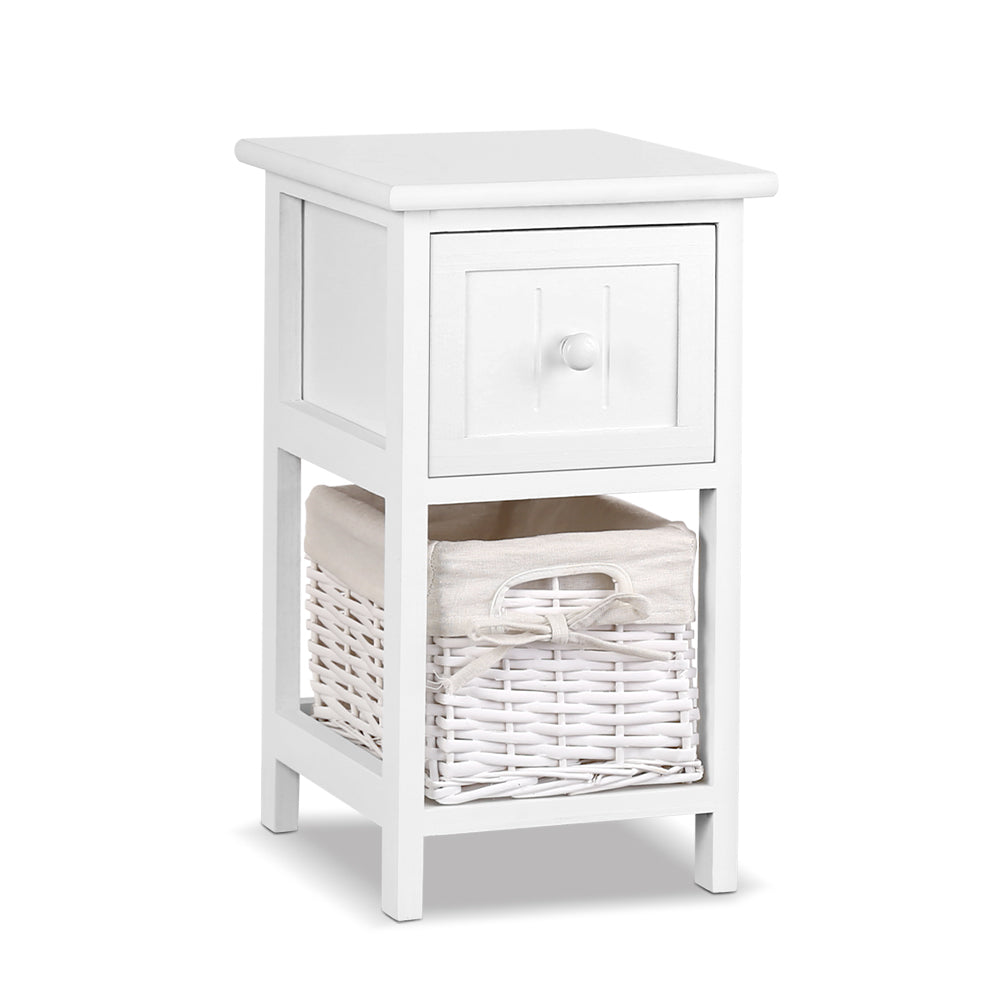 Bedside Table 1 Drawer with Basket Rustic White X2