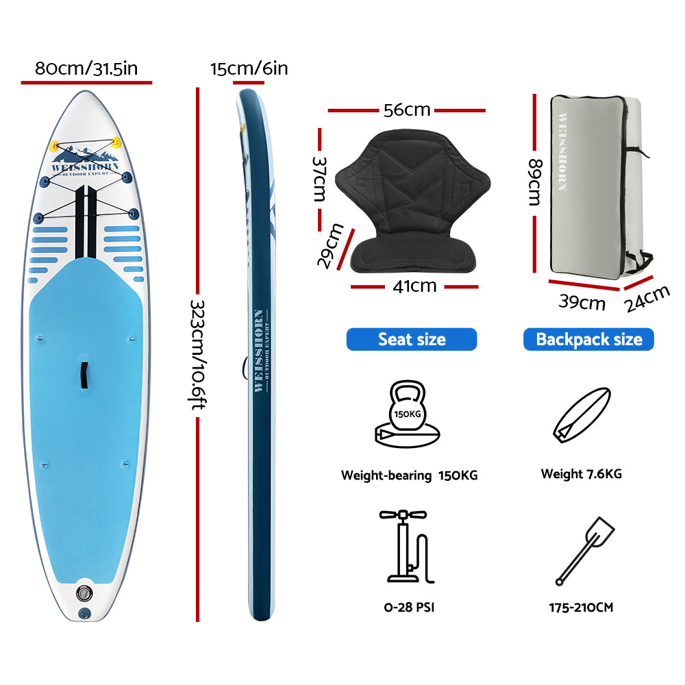 Stand Up Paddle Board 10.6ft Inflatable SUP Surfboard Paddleboard Kayak Surf Blue