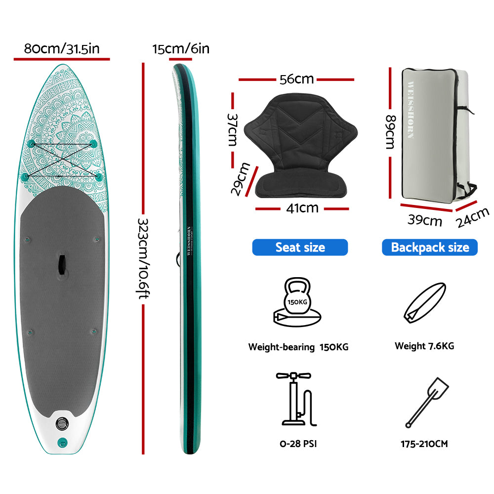 Stand Up Paddle Board 10.6ft Inflatable SUP Surfboard Paddleboard Kayak Surf Green