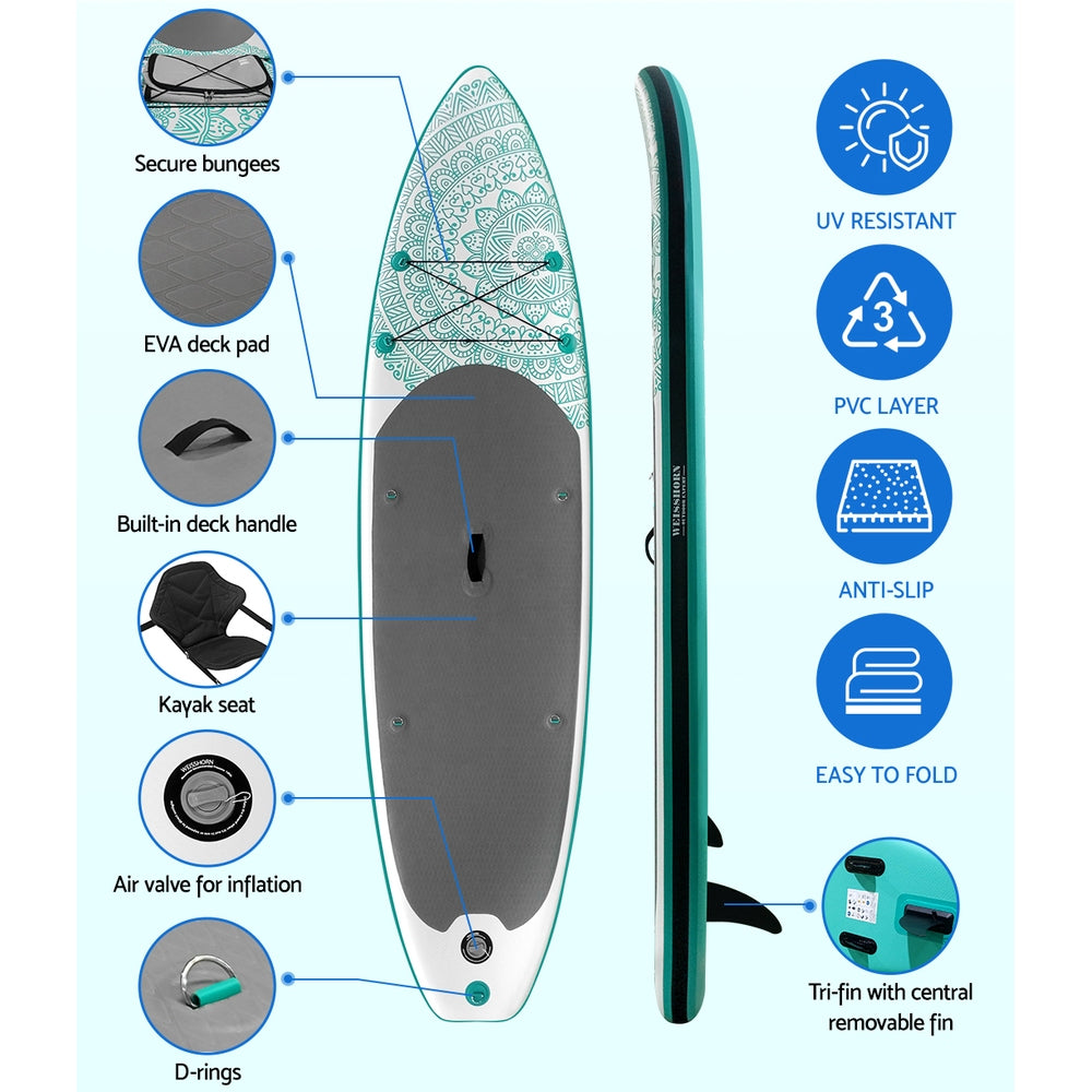 Stand Up Paddle Board 10.6ft Inflatable SUP Surfboard Paddleboard Kayak Surf Green