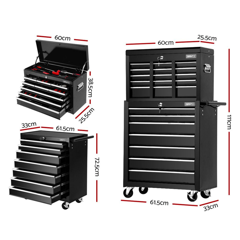 16 Drawer Tool Box Cabinet Chest Trolley Toolbox Garage Storage Black