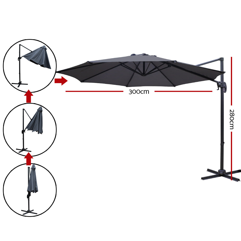 3m Outdoor Umbrella Cantilever 360 Degree Tilt Beach Roma Charcoal