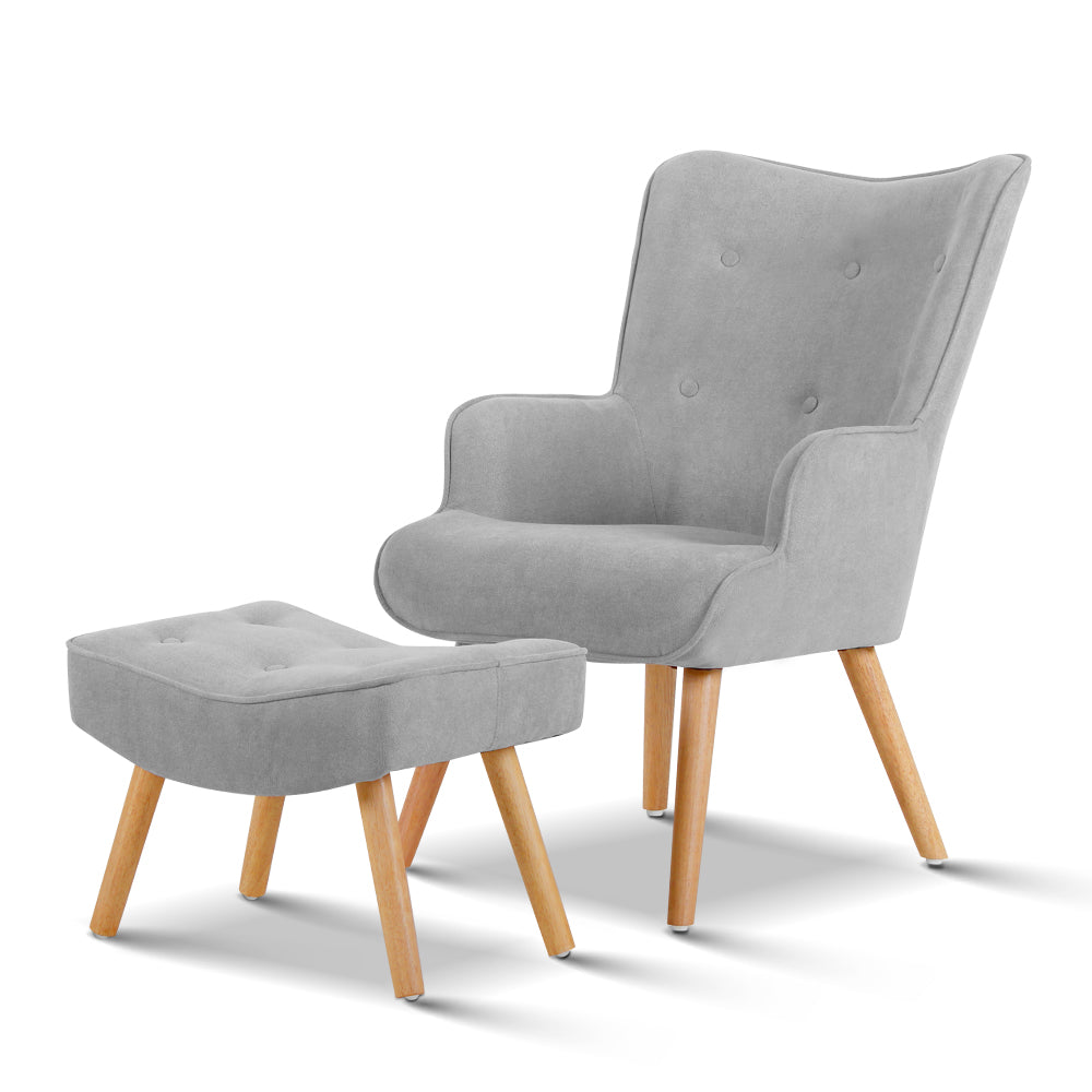 Modern Scandinavian Style Fabric Armchair and Ottoman  Light Grey