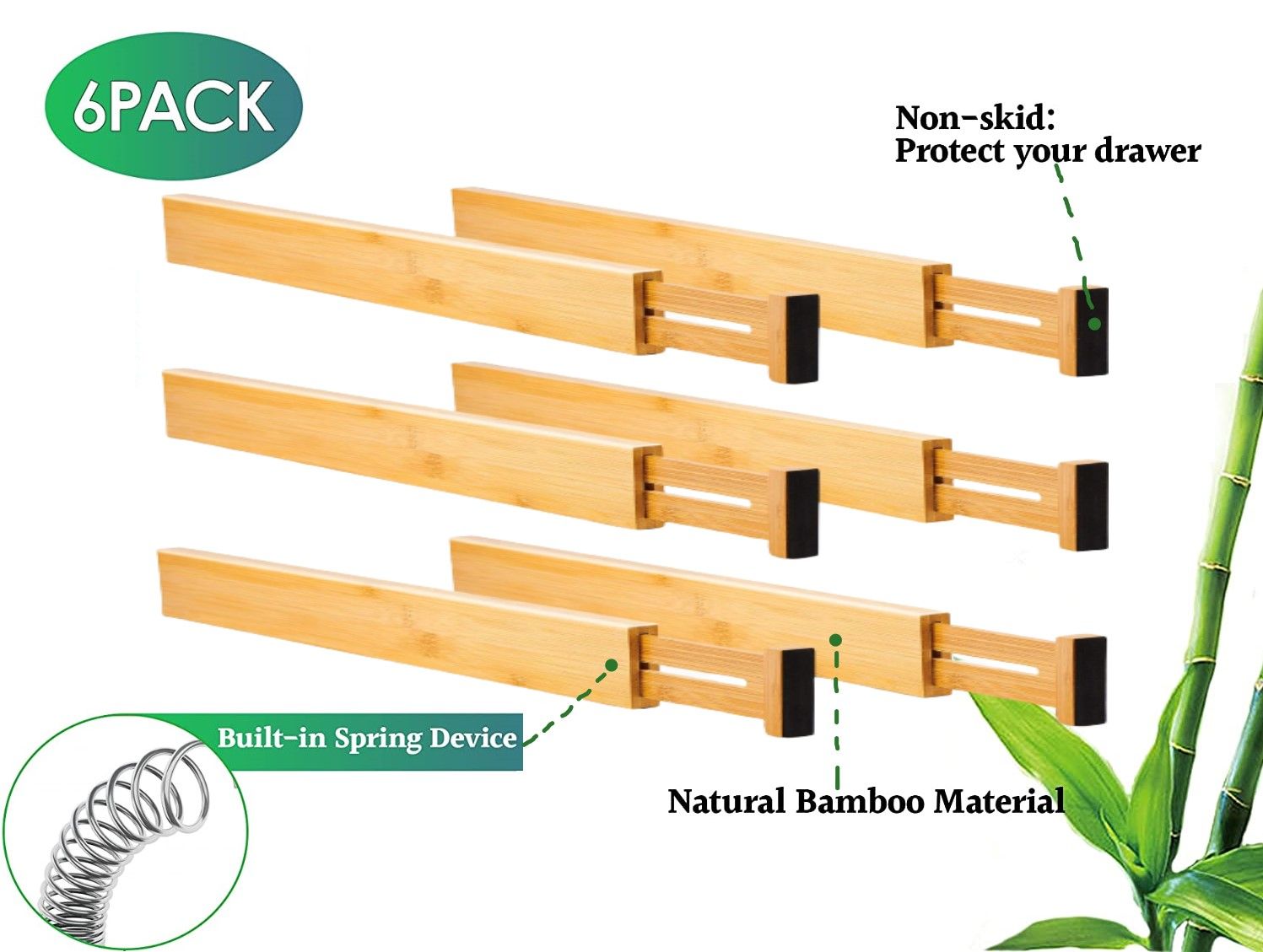 6 Pack Bamboo Adjustable Kitchen Drawer Dividers (Large, 4455 cm)